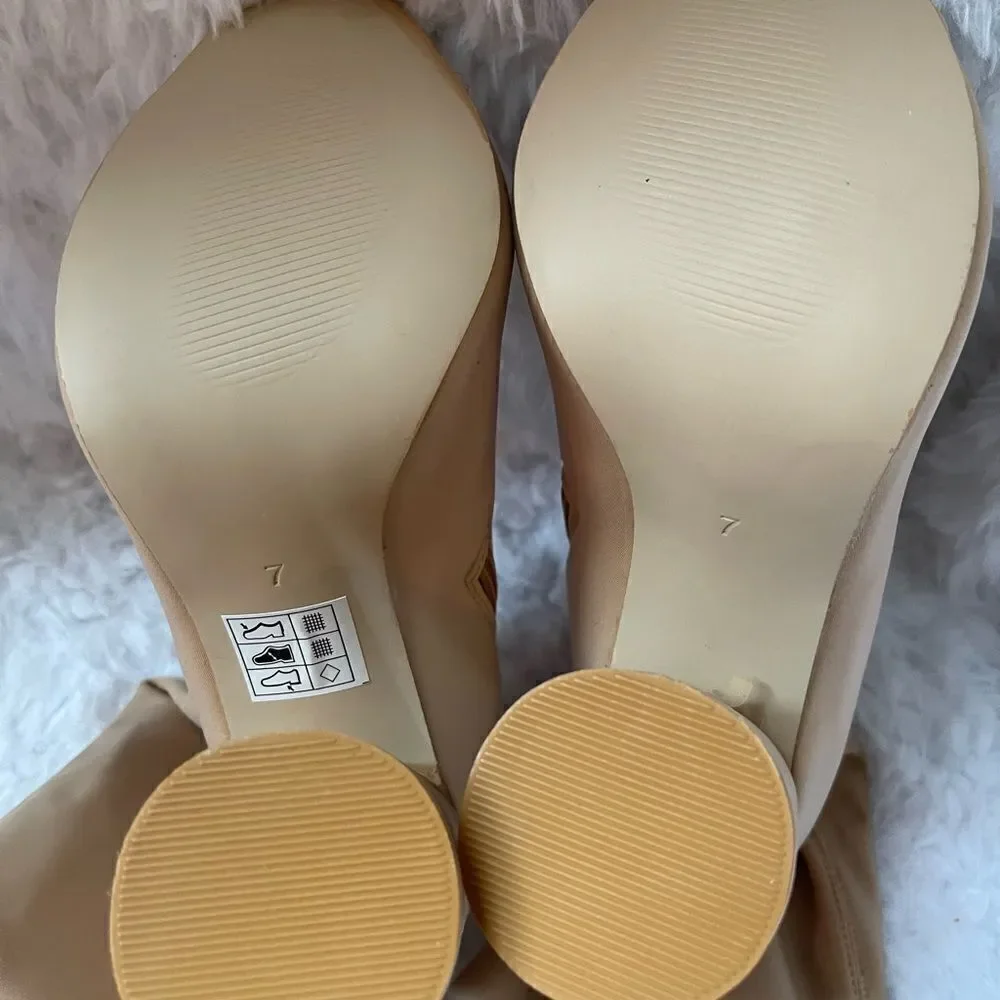 EGO over the knee tan stretchy boots with peep toe round 4”heels size7